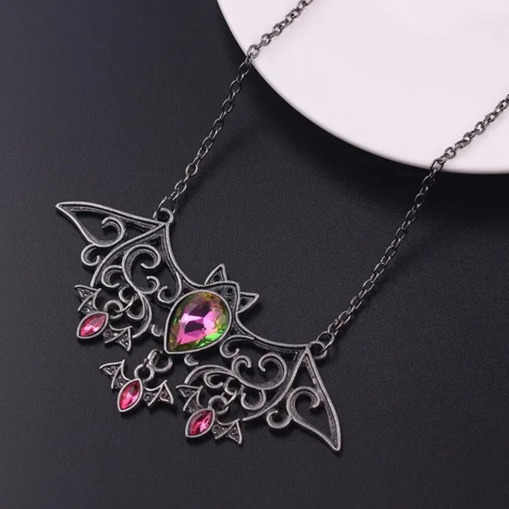 Gothic Bat Pendant Necklace, Mother with Baby Bats, Halloween‎ Vampire, Crystals